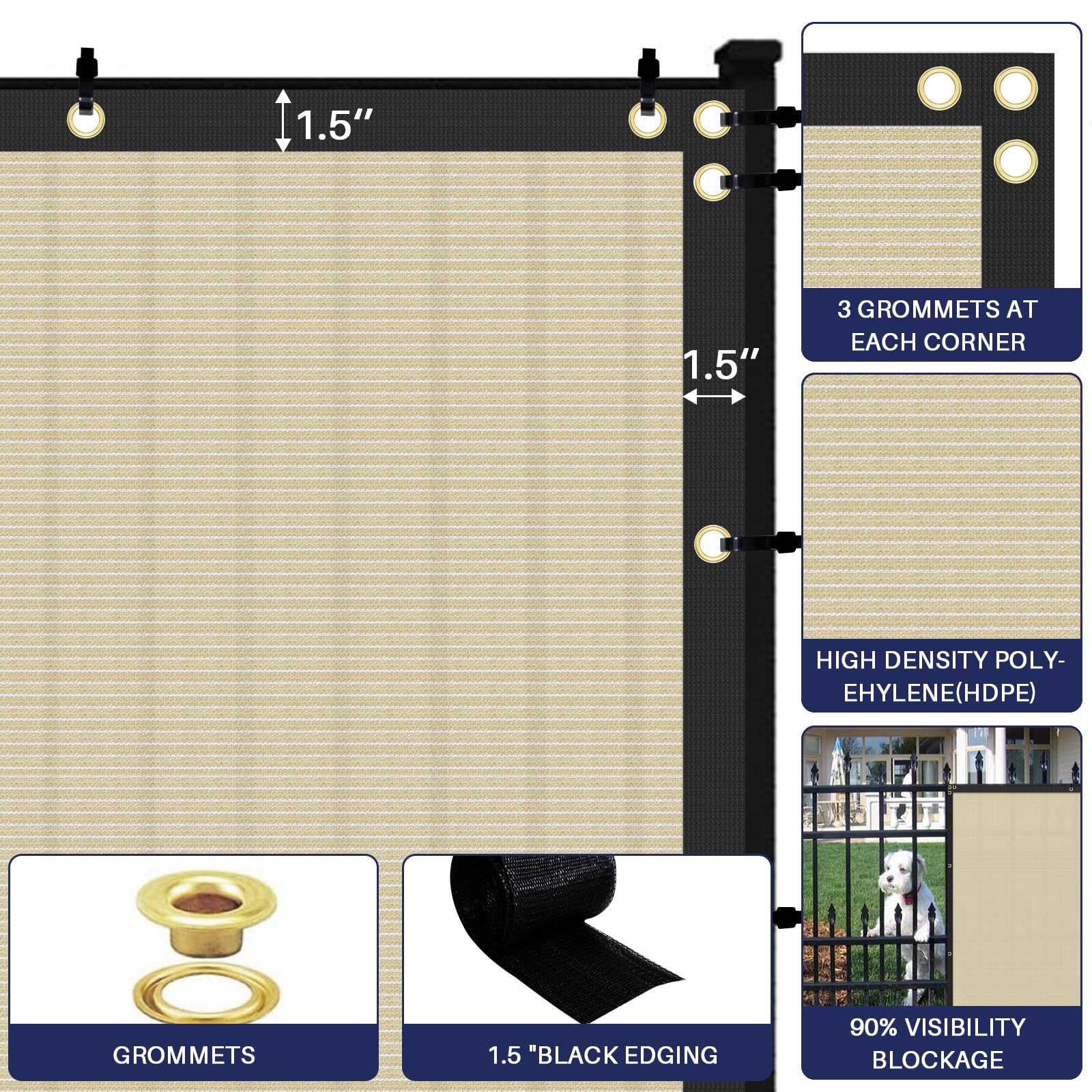 Windscreen4less Privacy Fence Screen Heavy Duty Windscreen Fencing Mesh Fabric Shade Net Cover with Brass Grommtes for Outdoor Wall Garden Yard Pool Deck, 6'x50' Beige