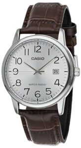 casio #mtp-v002l-7b men's standard analog leather band easy reader day date watch