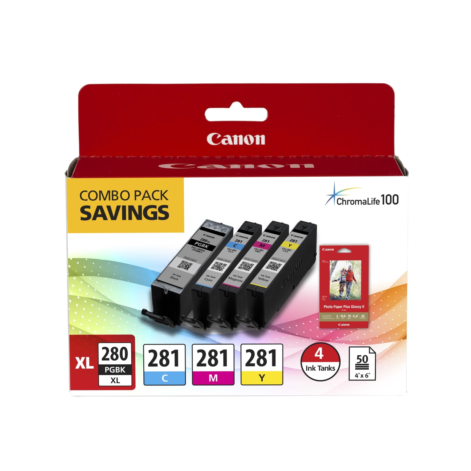 Canon PGI-280XL PGBK/CLI-281CMY, 50 Sheets PP-301 Combo Pack Compatible to TR8520, TR7520, TS9120 Series,TS8120 Series, TS6120 Series, TS9521C, TS9520, TS8220 Series, TS6220 Series