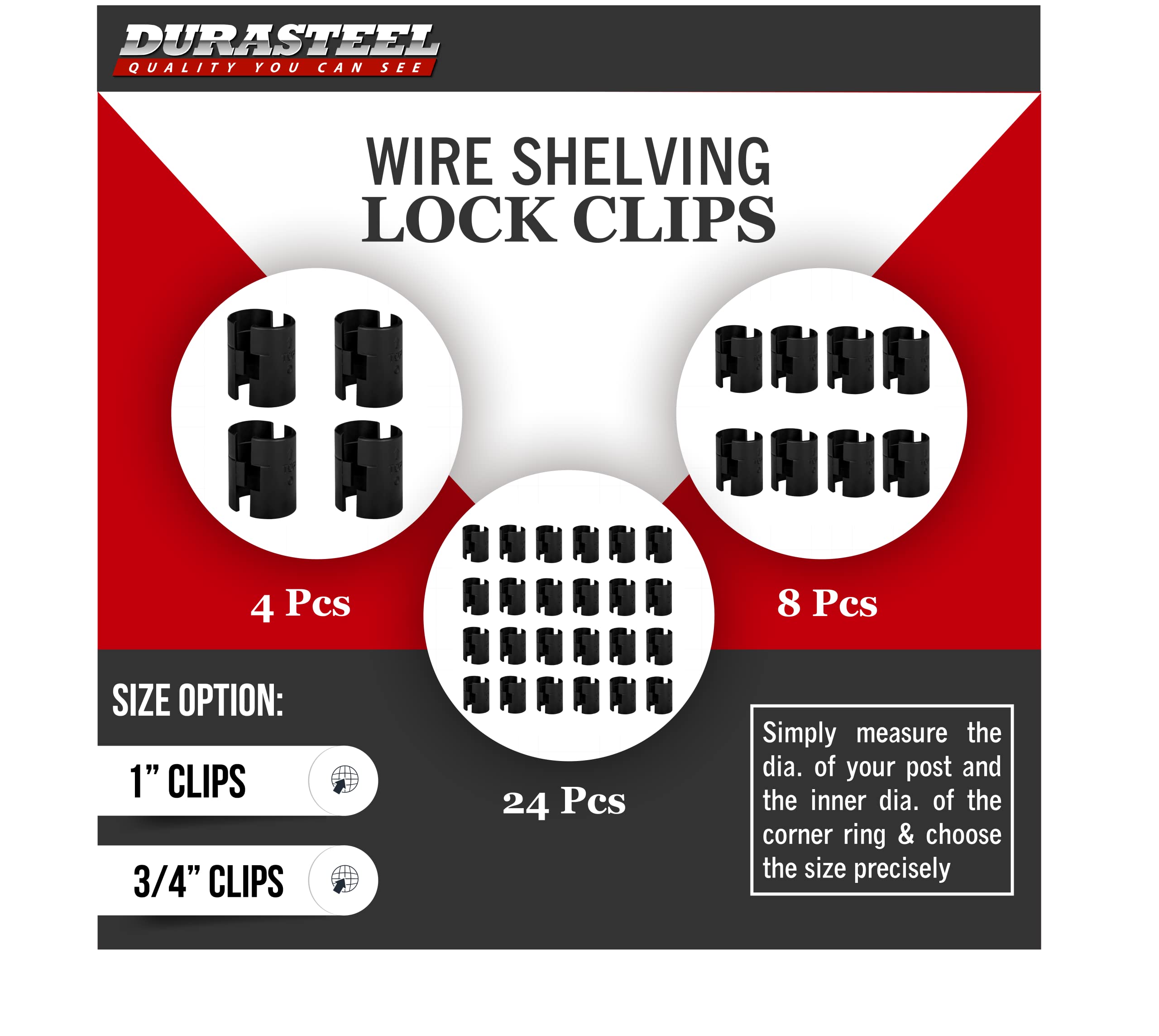 DuraSteel Wire Shelving Shelf Lock Clips / Shelving Sleeves - Fits with Thunder Group, Alera, Honey Can Do, Eagle, Regency, Metro and more - For 1" Post, Plastic, Black, Pack of 4 Pcs