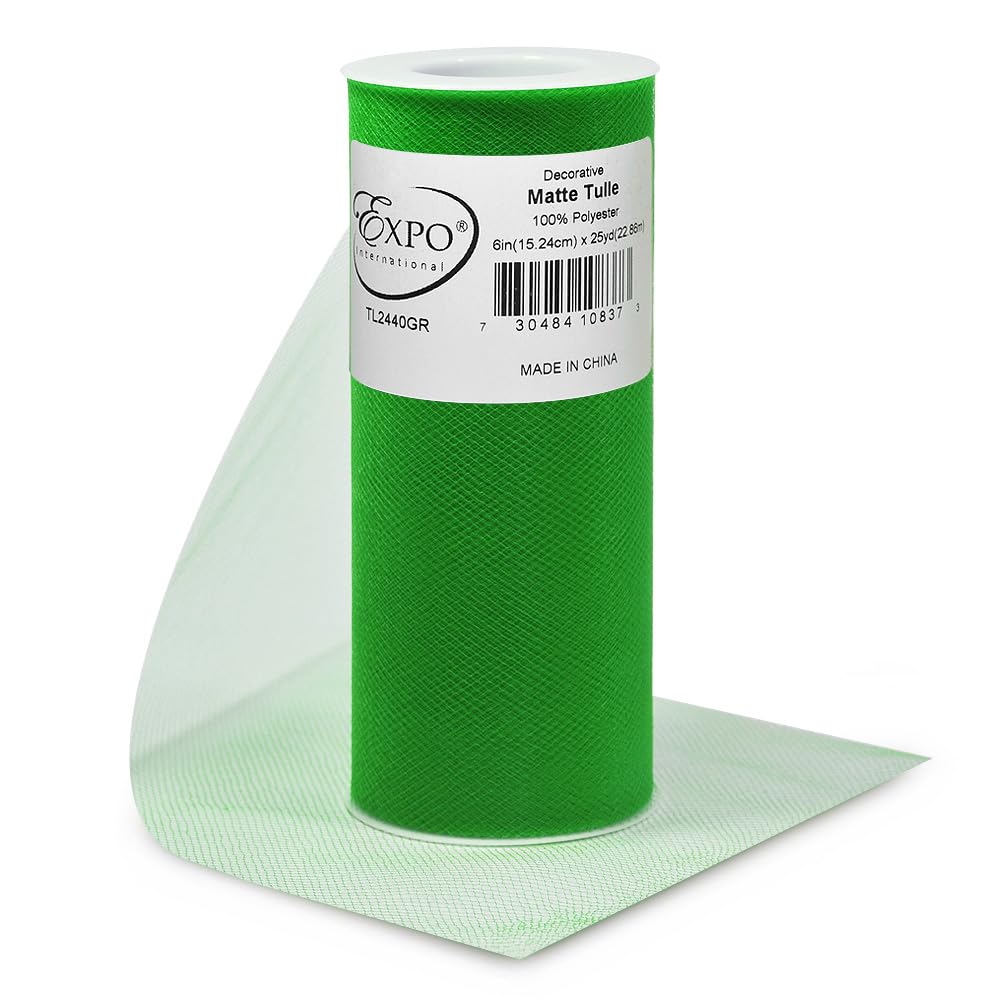 Expo International Decorative Matte Tulle, Roll/Spool of 6” X 25 Yards, Lightweight Polyester Tulle Fabric for Tutus, Costumes, and Party Decorations, Washable, Easy-to-Use, Pack of 1, Green