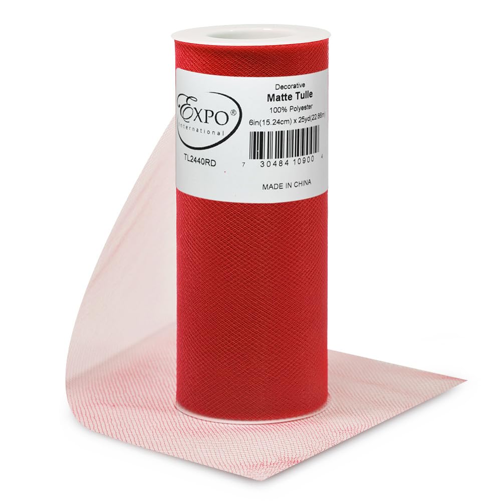 Expo International Decorative Matte Tulle, Roll/Spool of 6” X 25 Yards, Lightweight Polyester Tulle Fabric for Tutus, Costumes, and Party Decorations, Washable, Easy-to-Use, Pack of 1, Red