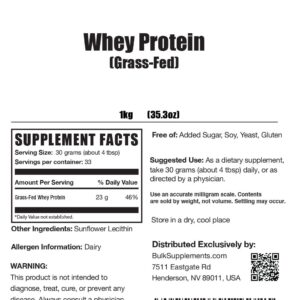 BulkSupplements.com Grass Fed Whey Protein Powder - Unflavored Whey Protein Powder, Grass Feed Whey Protein Concentrate - Gluten Free, 30g per Serving, 1kg (2.2 lbs) (Pack of 1)