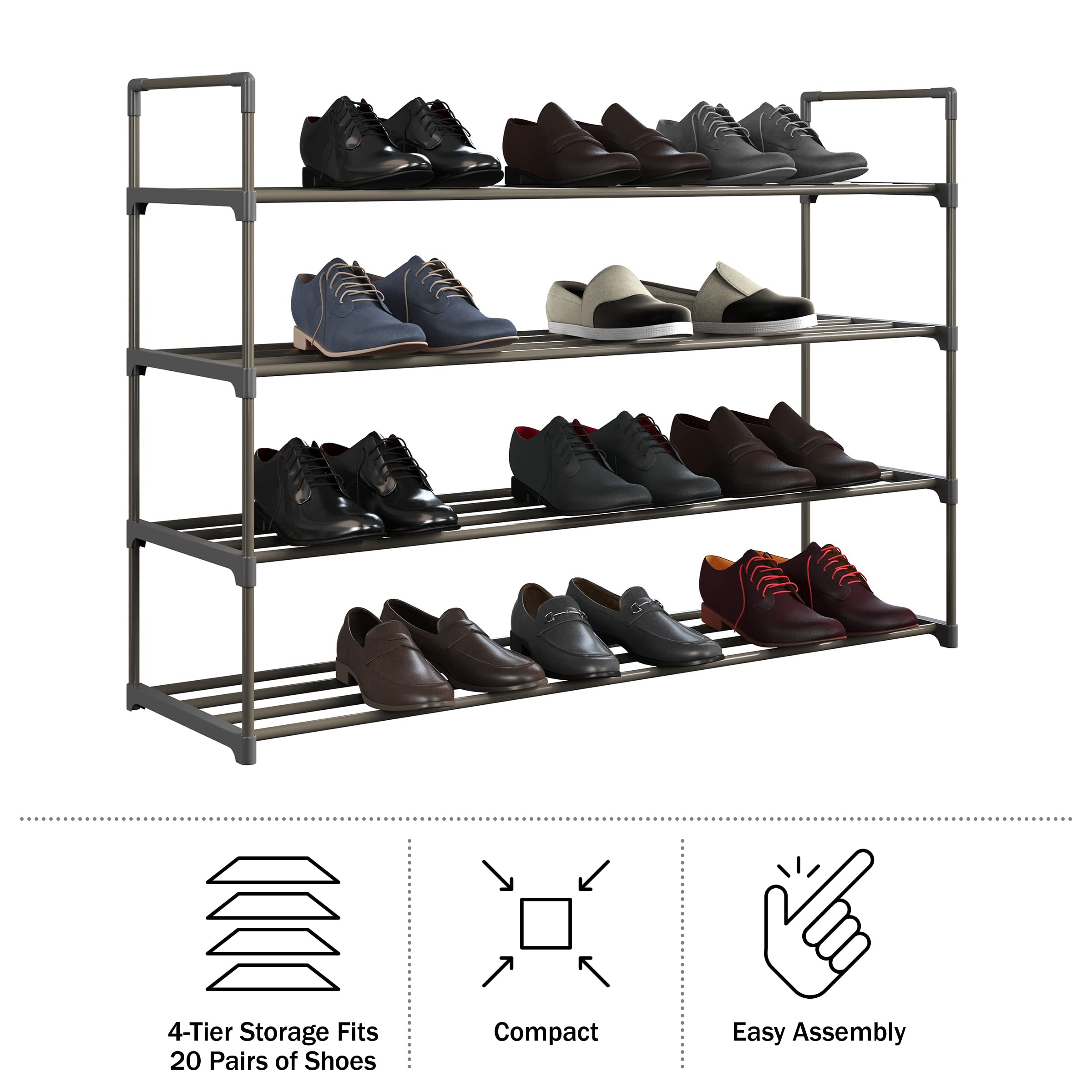 Shoe Rack - 4-Tier Shoe Organizer for Closet, Bathroom, Entryway - Shelf Holds 20 Pairs Sneakers, Heels, Boots by Home-Complete (Gray)