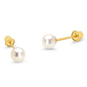 14k Yellow Gold 4mm Simulated Pearl Children Screw Back Baby Girls Earrings