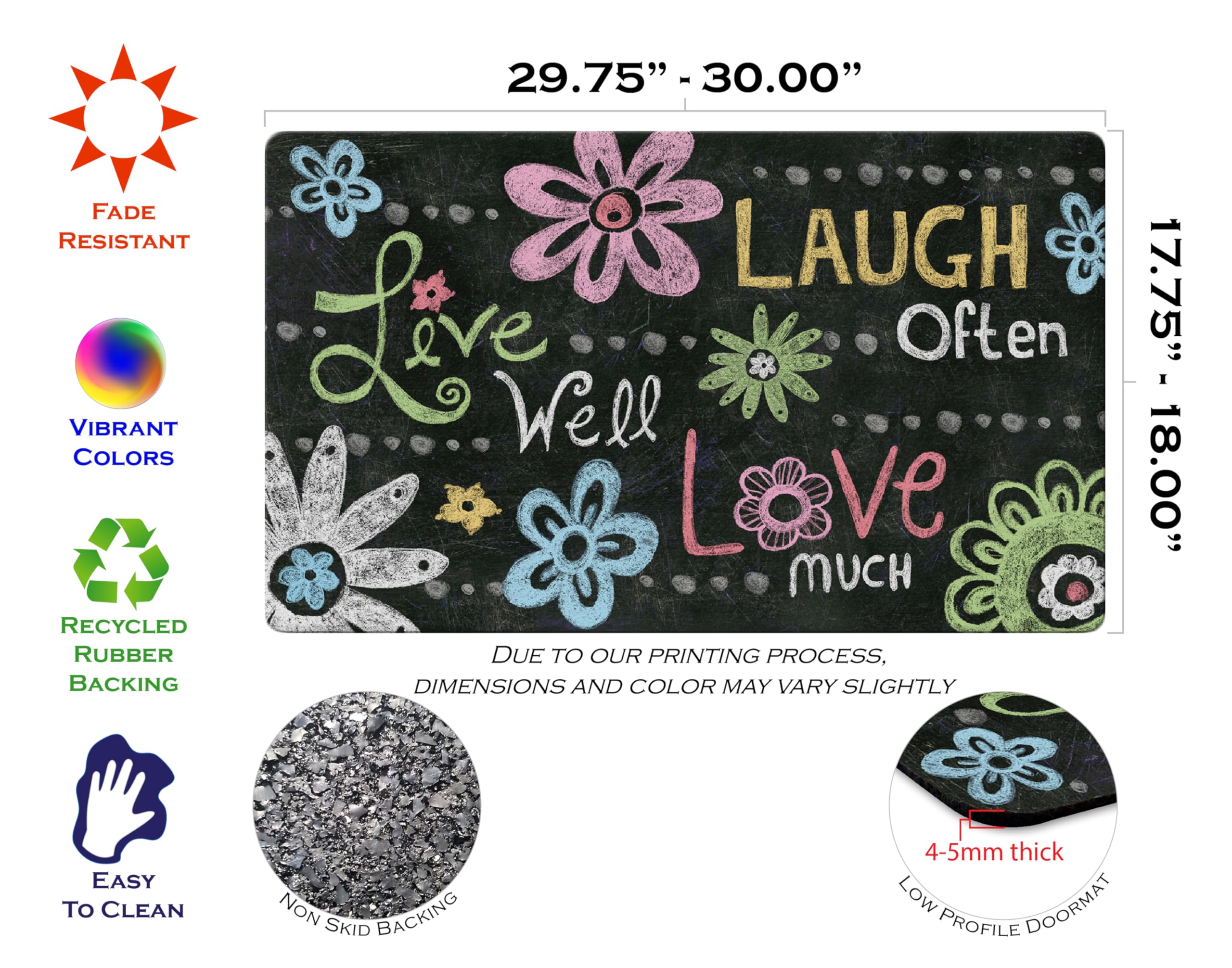 Toland Home Garden 800184 Live Laugh Love Chalkboard Flower Door Mat 18x30 Inch Outdoor Doormat for Entryway Indoor Entrance