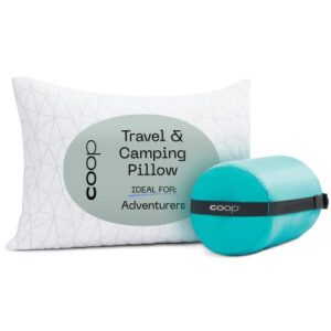 coop home goods the original travel & camp adjustable pillow, small camping pillow with compressible stuff sack - medium-firm memory foam with lulltra washable cover, certipur-us certified (19x13)