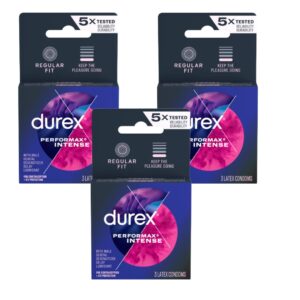 durex performax intense condoms, ultra fine, ribbed, dotted with delay lubricant natural rubber latex condoms for men, fsa & hsa eligible, 3 count (pack of 3)