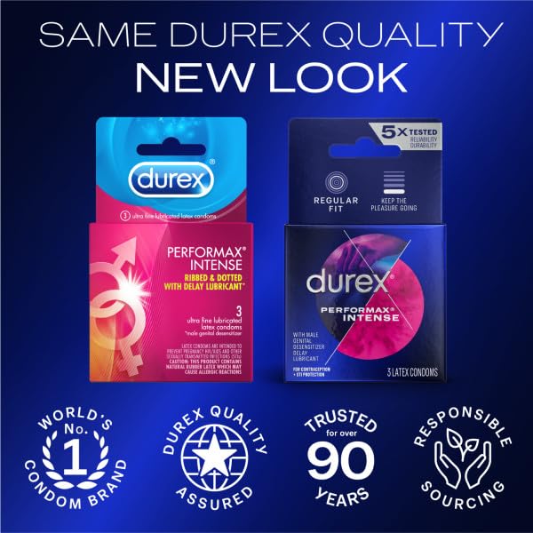 Durex Performax Intense Condoms, Ultra Fine, Ribbed, Dotted with Delay Lubricant Natural Rubber Latex Condoms for Men, FSA & HSA Eligible, 3 Count (Pack of 3)