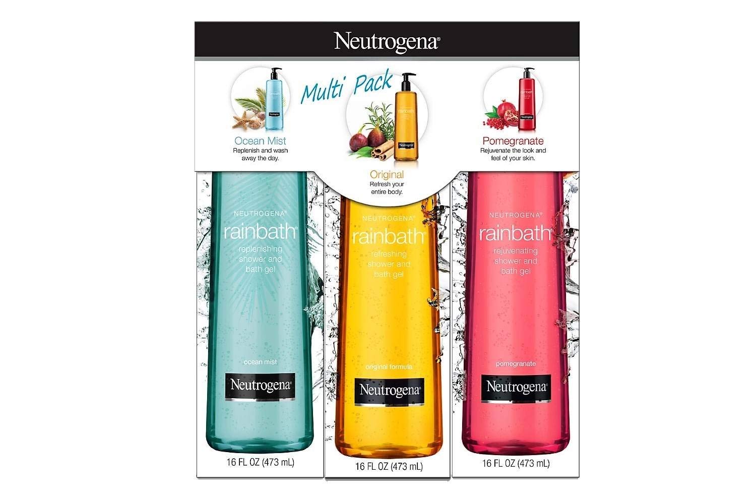 Neutrogena Rainbath Multi-Pack of 3, 1 Original Formula, 1 Pomegranate and 1 Ocean Mist, 16 fl oz bottles