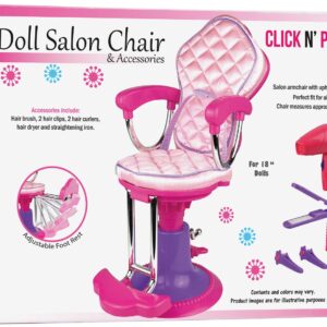 Pretend Play Hair Salon Toy for Girls, Click N' Play Doll Salon Chair with 8 Doll Accessories - Hair Salon Toys for Girls: Chair, Hair Brush, 2 Hair Clips, 2 Curlers, Girl Gift Ages 3+, Pink & Purple