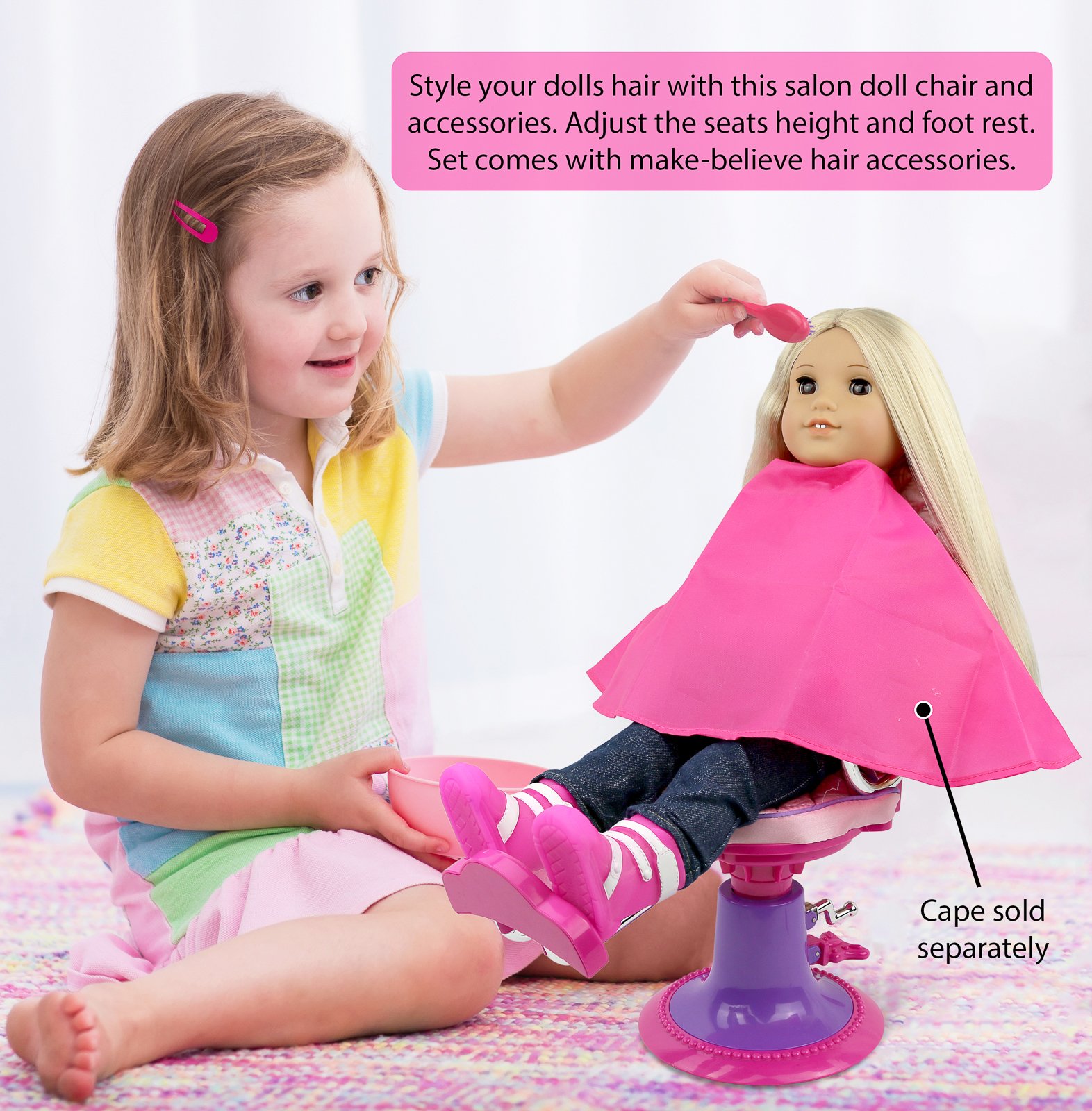 Pretend Play Hair Salon Toy for Girls, Click N' Play Doll Salon Chair with 8 Doll Accessories - Hair Salon Toys for Girls: Chair, Hair Brush, 2 Hair Clips, 2 Curlers, Girl Gift Ages 3+, Pink & Purple