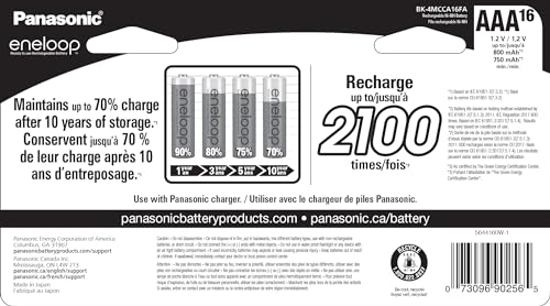 Panasonic BK-4MCCA16FA eneloop AAA 2100 Cycle Ni-MH Pre-Charged Rechargeable Batteries, 16 Pack