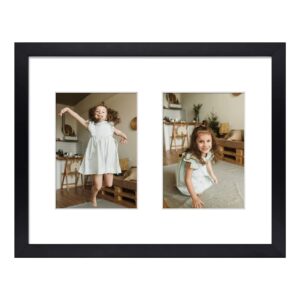 golden state art, 11x14 black photo wood collage frame with tempered glass and white mat displays (2) 5x7 pictures