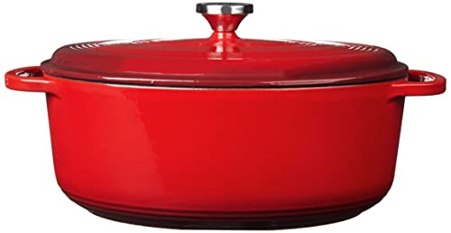 Lodge 7 Quart Enameled Cast Iron Oval Dutch Oven with Lid – Dual Handles – Oven Safe up to 500° F or on Stovetop - Use to Marinate, Cook, Bake, Refrigerate and Serve – Red