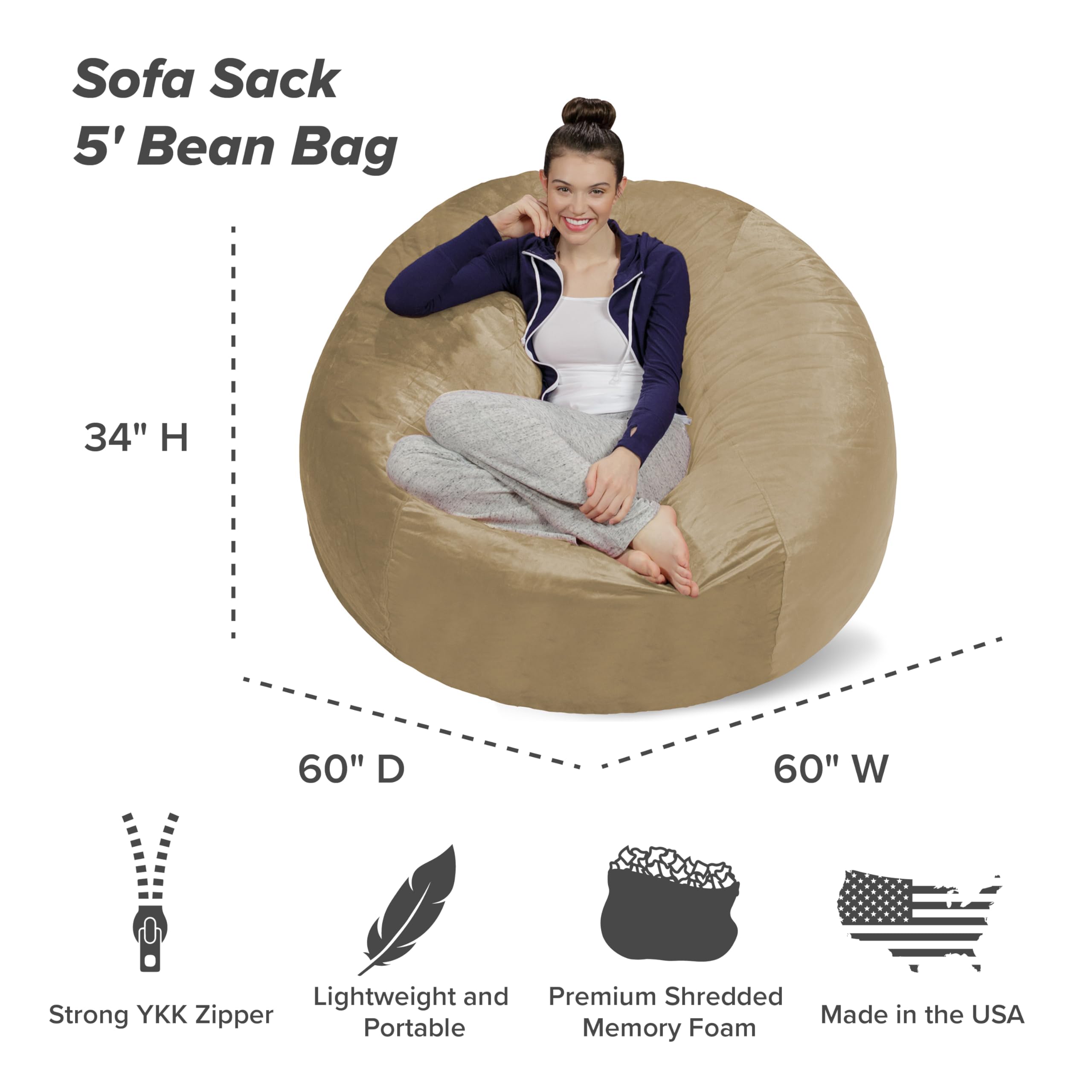 Sofa Sack Bean Bag Chair - Plush, Ultra Soft - Memory Foam Bean Bag Chair with Microsuede Cover - Stuffed Foam Filled Furniture and Accessories for Dorm Room 5 Feet - Camel