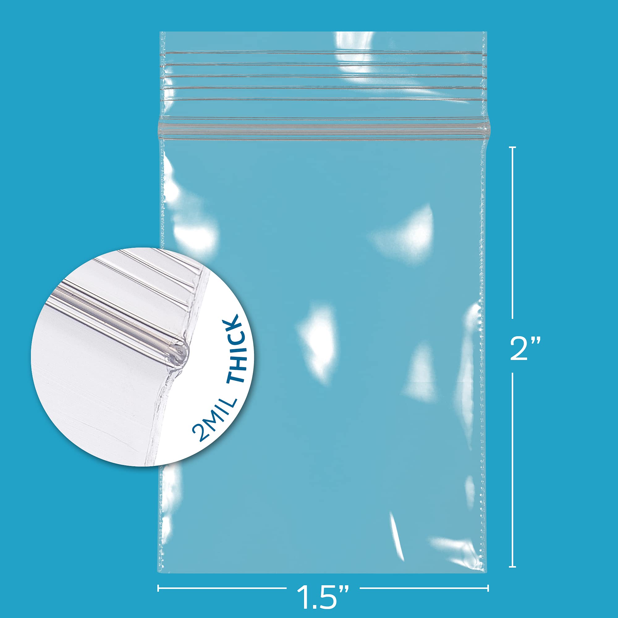 CLEAR PLASTIC REUSABLE ZIP BAGS - Bulk GPI Case Of 1000 1.5" x 2" 2 mil Thick Strong & Durable Poly Baggies With Resealable Zip Top Lock For Travel, Storage, Packaging & Shipping.