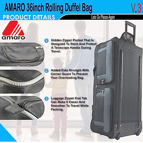 Amaro 120L Large Wheeled Rolling Duffel Bag, Duffel Bag With Wheels, Camping Luggage Bag, Black/Grey, 36 inch