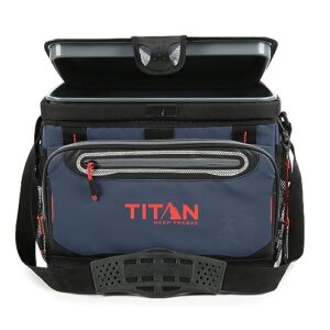 titan deep freeze cooler - 30 can zipperless hardbody cooler - deep freeze insulation, hardbody liner, and smartshelf - navy blue