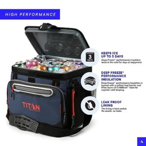 Titan Deep Freeze Cooler - 30 Can Zipperless Hardbody Cooler - Deep Freeze Insulation, HardBody Liner, and SmartShelf - Navy Blue