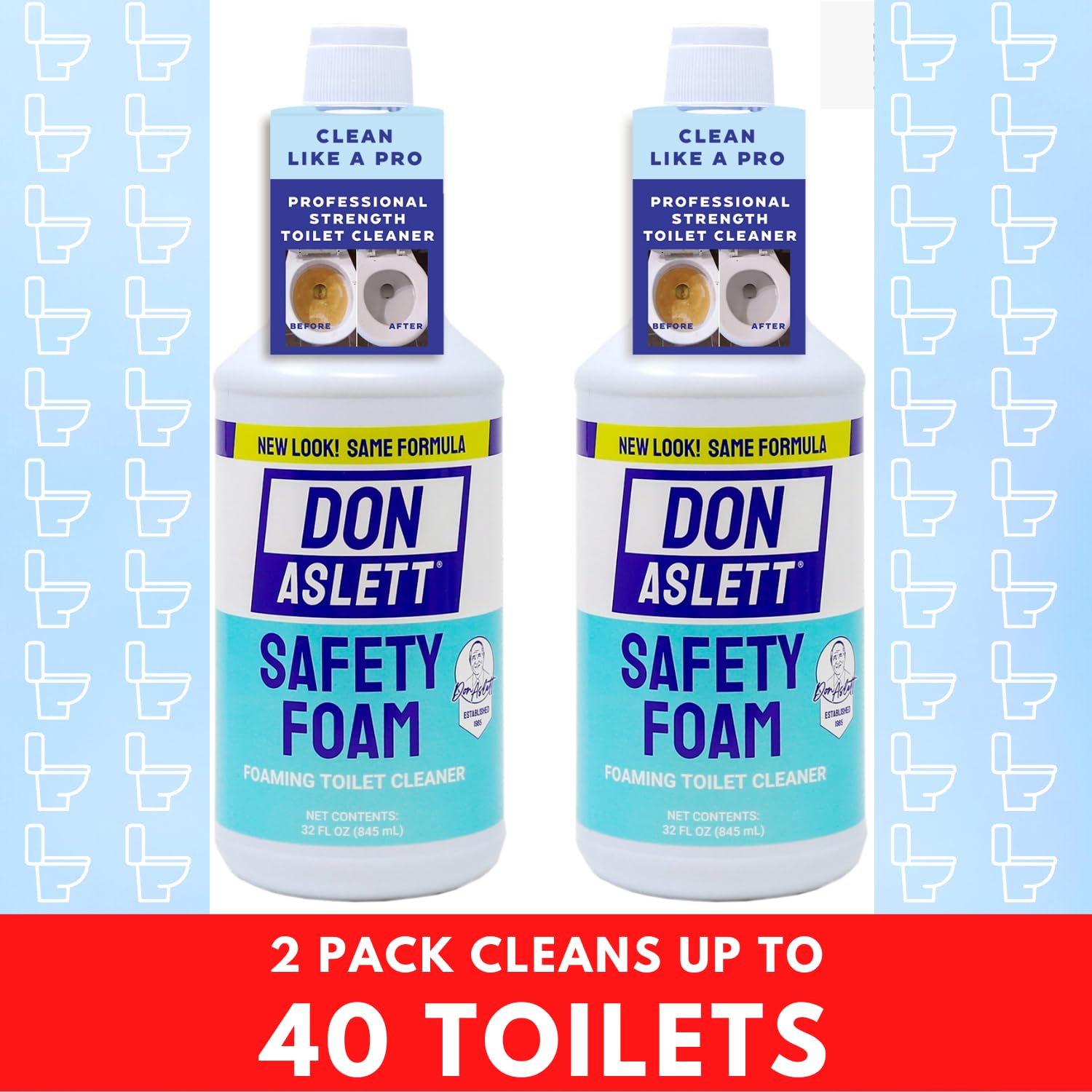 Don Aslett Safety Foam Toilet Bowl Cleaner (32 Oz Bottle, Pack of 2) Acidic Detergent and Deodorizer | Cleans Hard Water and Mineral Stains in Porcelain Toilets