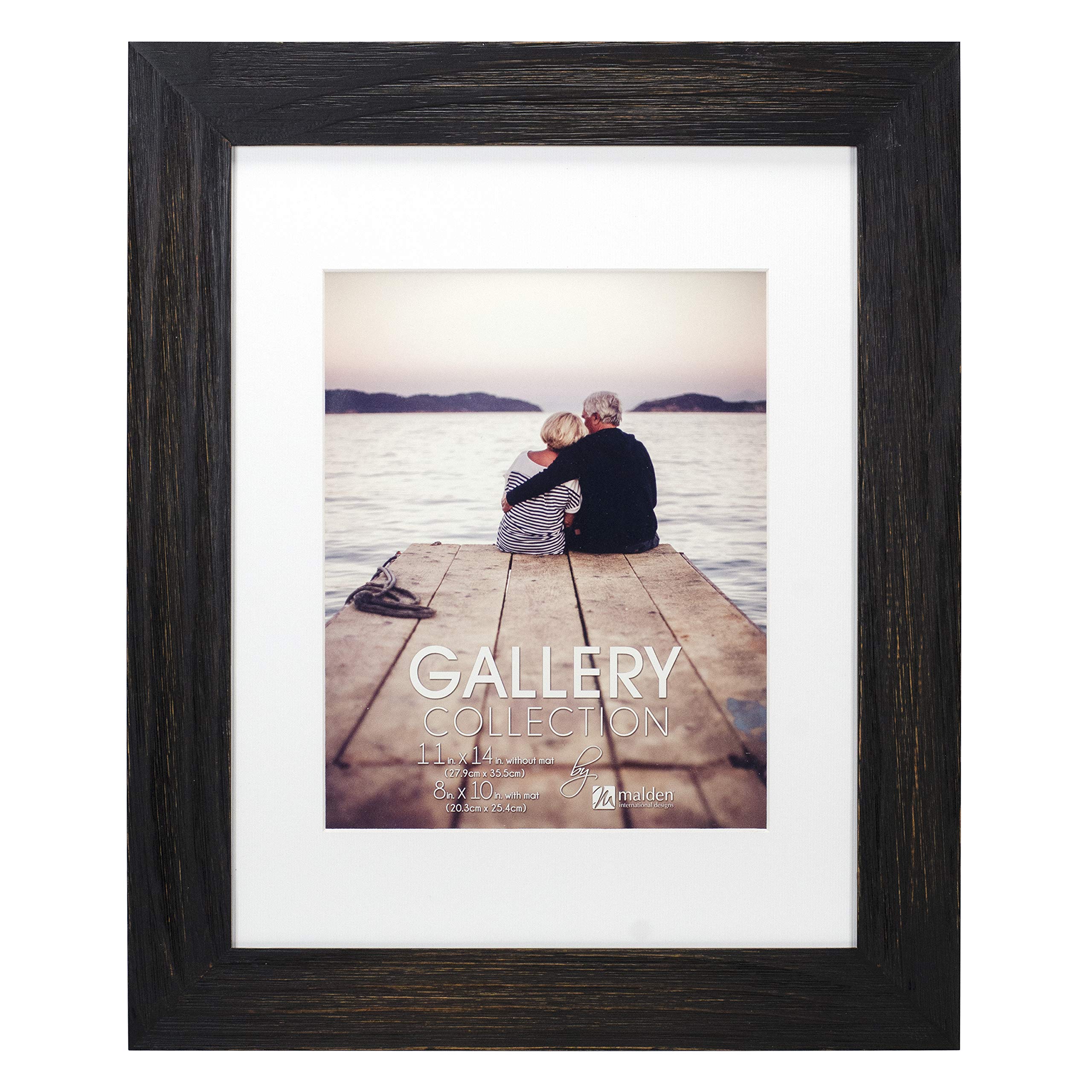 Malden Distressed Wood Matted Frame, Made to Display Pictures 8x10 with Mat, or 11x14 without Mat, Black