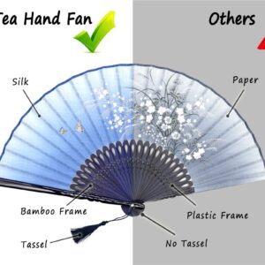 OMyTea® "Grassflowers 8.27"(21cm) Hand Held Folding Fans - With a Fabric Sleeve for Protection for Gifts - Chinese/Japanese Vintage Retro Style (Blue)