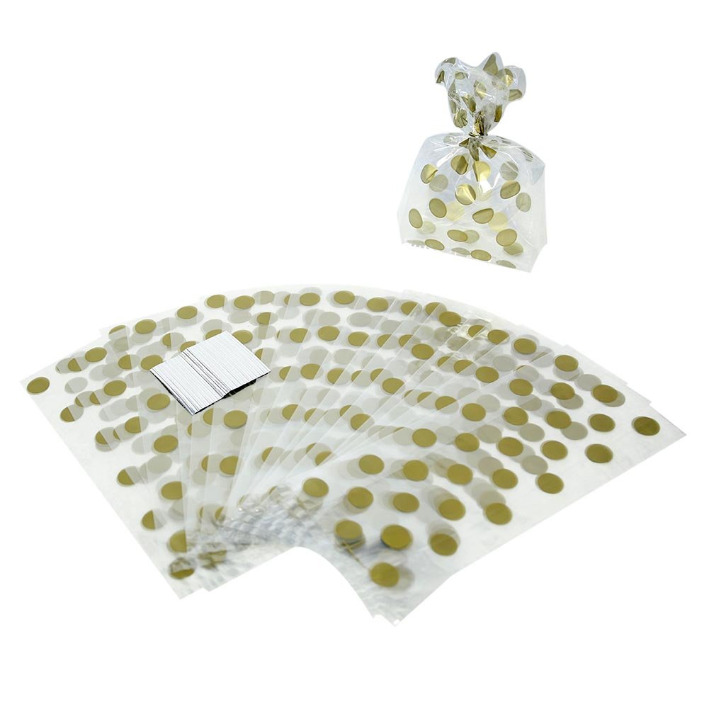 Polka Dot Cellophane Bags - 11" x 5", Gold, 20 Pcs