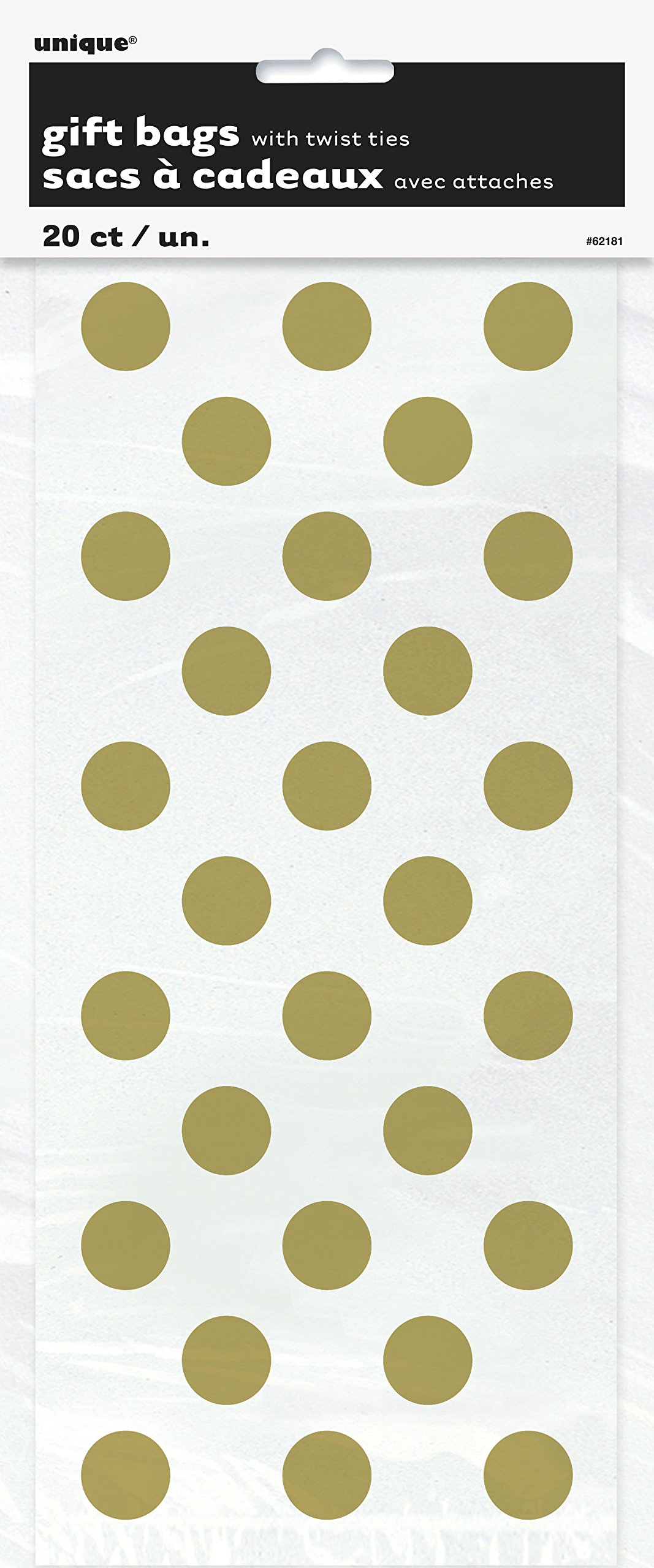 Polka Dot Cellophane Bags - 11" x 5", Gold, 20 Pcs