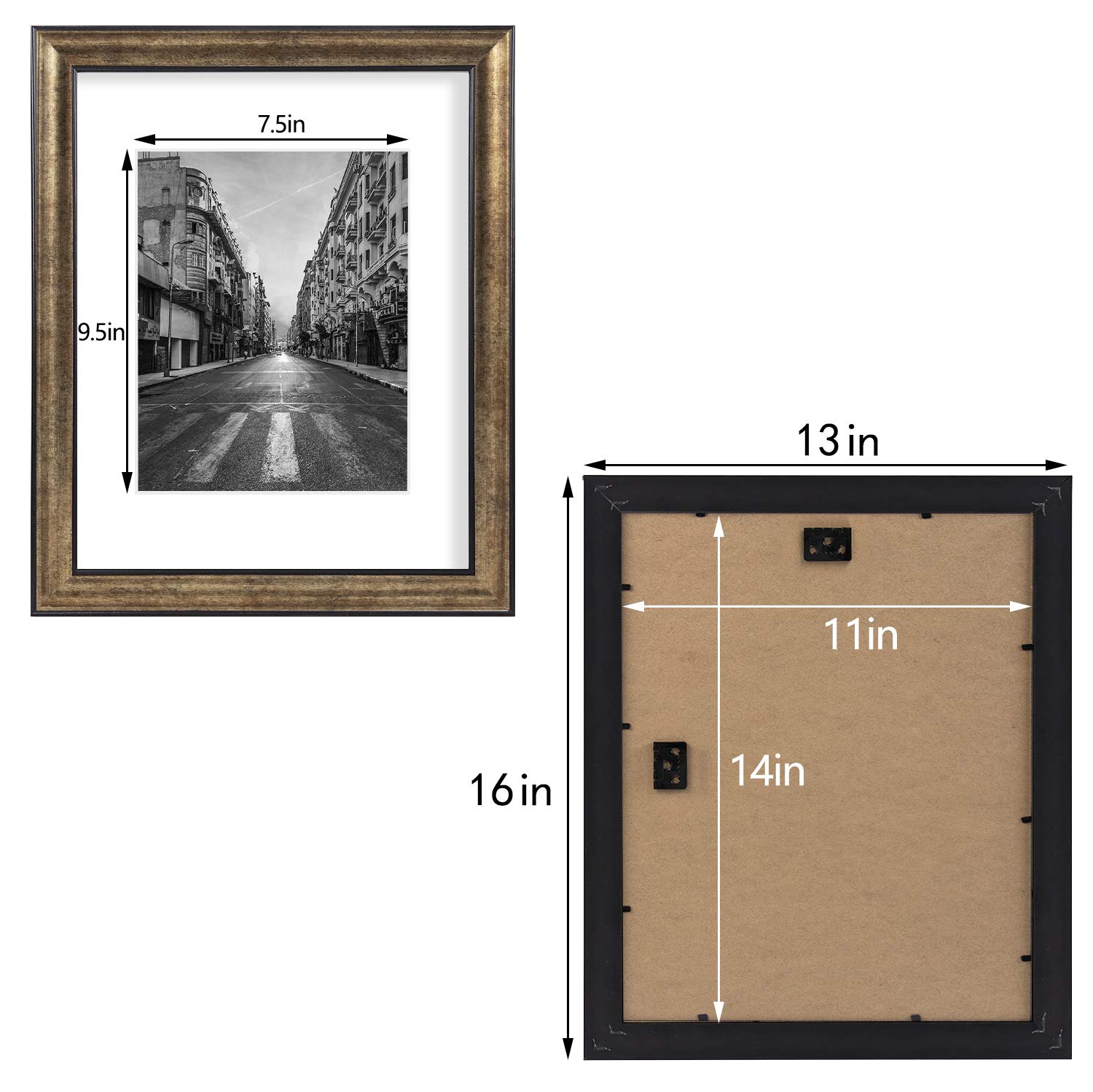 Golden State Art, 11x14 Photo Frame with Mat for Pictures 8x10 and Real Glass (Dark Gold Brown & Bronze Pewter Panel with White Color Mat, 1.25 Inch Frame Border)