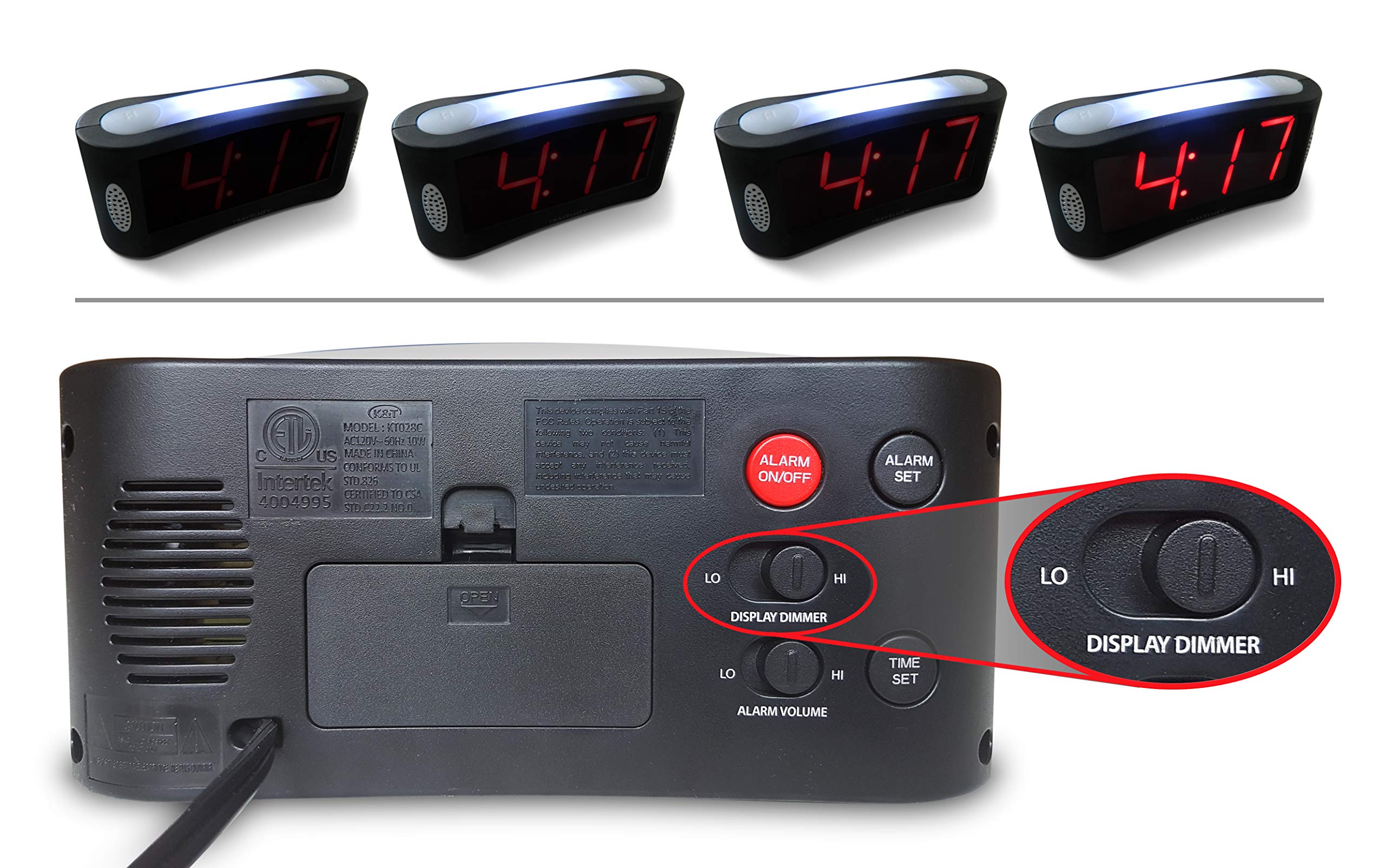 Travelwey Digital Alarm Clock - Outlet Powered, No Frills Simple Operation, Large Night Light, Alarm, Snooze, Full Range Brightness Dimmer, Big Red LED Digit Display, Black