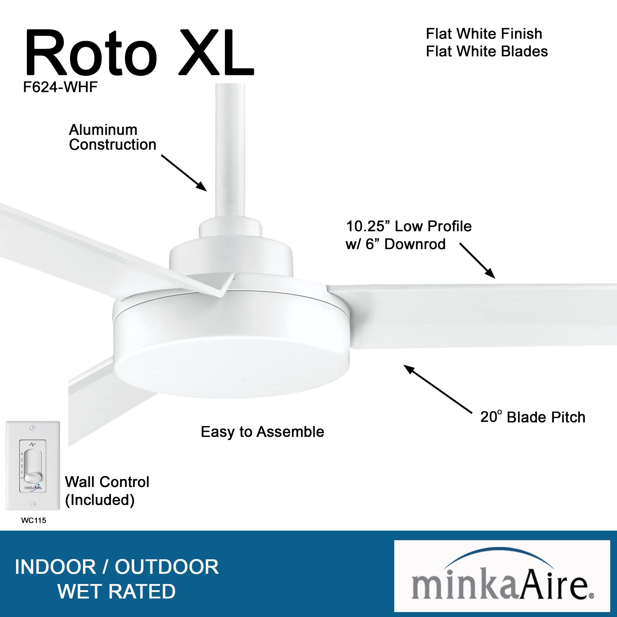 Minka Aire F624-WHF Roto XL 62" 3-Blades Ceiling Fan in Flat White Finish with Flat White Blades