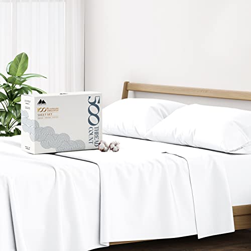 Mayfair Linen 100% Cotton Sheets for Queen Size Bed - 500 Thread Count 4 PC Queen White Cotton Sheets, Deep Pocket Queen Sheet Set, Cooling Sheets Queen Size for Hot Sleepers, Soft, Breathable Sheets