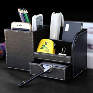 KINGFOM Desk Organizer Office Supplies Caddy Pu Leather Multi-function Storage Box Pen/Pencil,Cell phone, Business Name Cards Remote Control Holder with Small Drawer Black