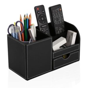 KINGFOM Desk Organizer Office Supplies Caddy Pu Leather Multi-function Storage Box Pen/Pencil,Cell phone, Business Name Cards Remote Control Holder with Small Drawer Black