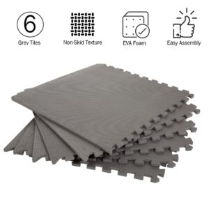 Stalwart Foam Mat Floor Tiles, Interlocking EVA Foam Padding Soft Flooring for Exercising, Yoga, Camping, Kids, Babies, Playroom – 6 Pack, Gray, 24" X 24" X 0.5"