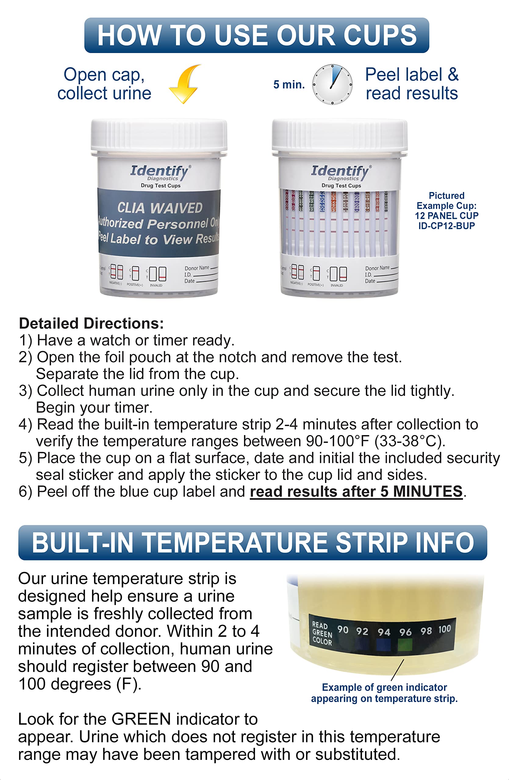 Identify Diagnostics 6 Panel Drug Test Cup - 5 Pack - CLIA Waived Instant Urine Drug Test Kit for AMP,BZO,COC,MOP/OPI,OXY,THC