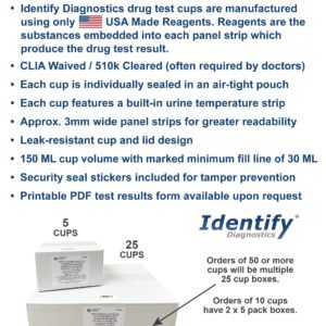 Identify Diagnostics 6 Panel Drug Test Cup - 5 Pack - CLIA Waived Instant Urine Drug Test Kit for AMP,BZO,COC,MOP/OPI,OXY,THC