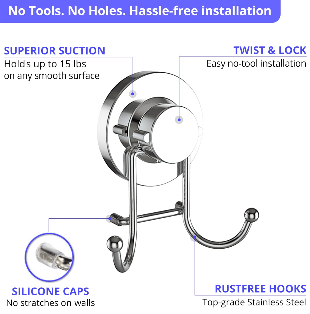 HOME SO Suction Cup Hooks for Shower, Bathroom, Kitchen, Glass Door, Mirror, Tile – Loofah, Towel, Coat, Bath Robe Hook Holder for Hanging up to 15 lbs – Rustproof Chrome Stainless Steel (1-Pack)