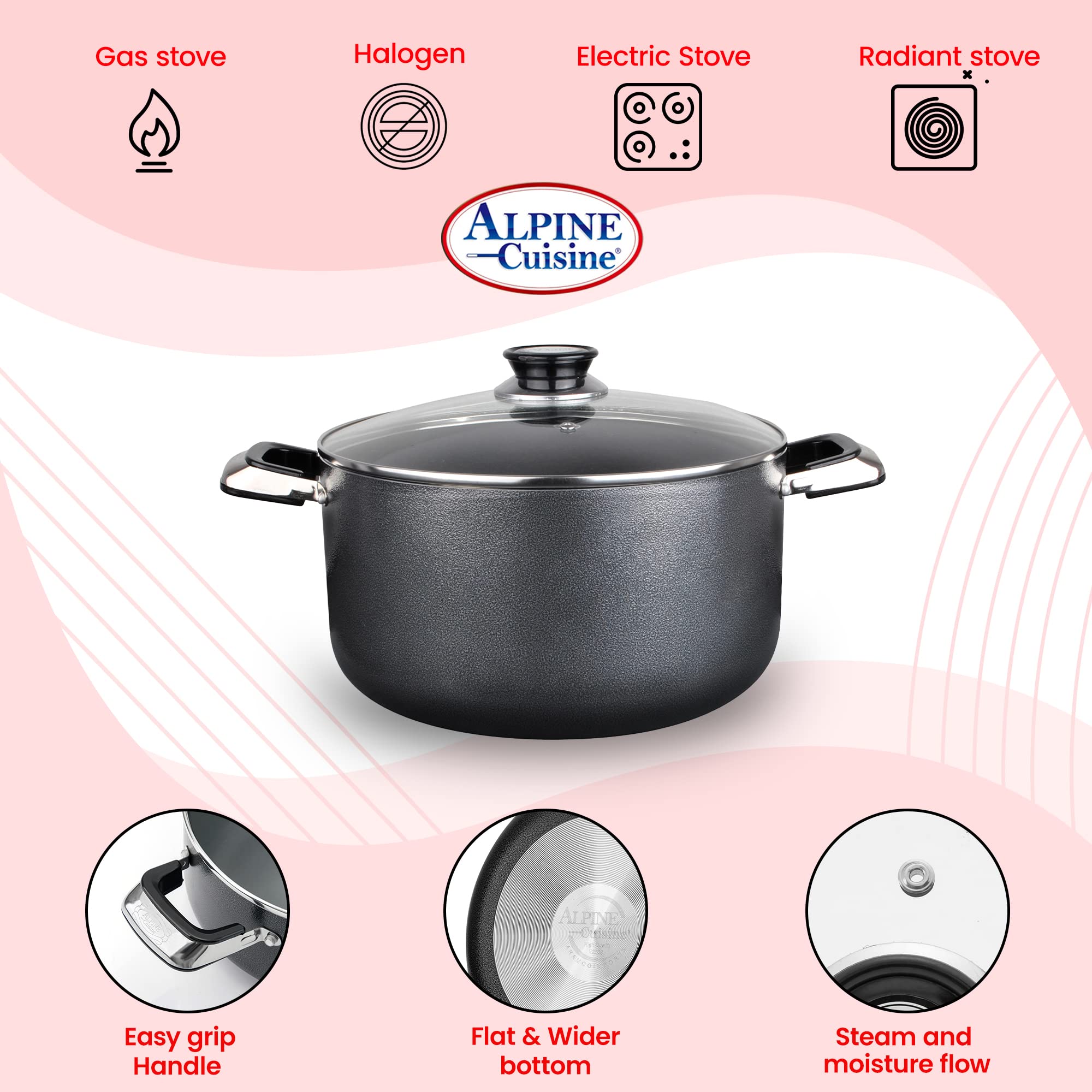 Alpine Cuisine 10 Quart Non-stick Stock Pot with Tempered Glass Lid and Carrying Handles, Multi-Purpose Cookware Aluminum Dutch Oven for Braising, Boiling, Stewing