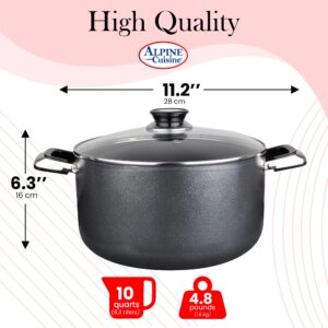 Alpine Cuisine 10 Quart Non-stick Stock Pot with Tempered Glass Lid and Carrying Handles, Multi-Purpose Cookware Aluminum Dutch Oven for Braising, Boiling, Stewing