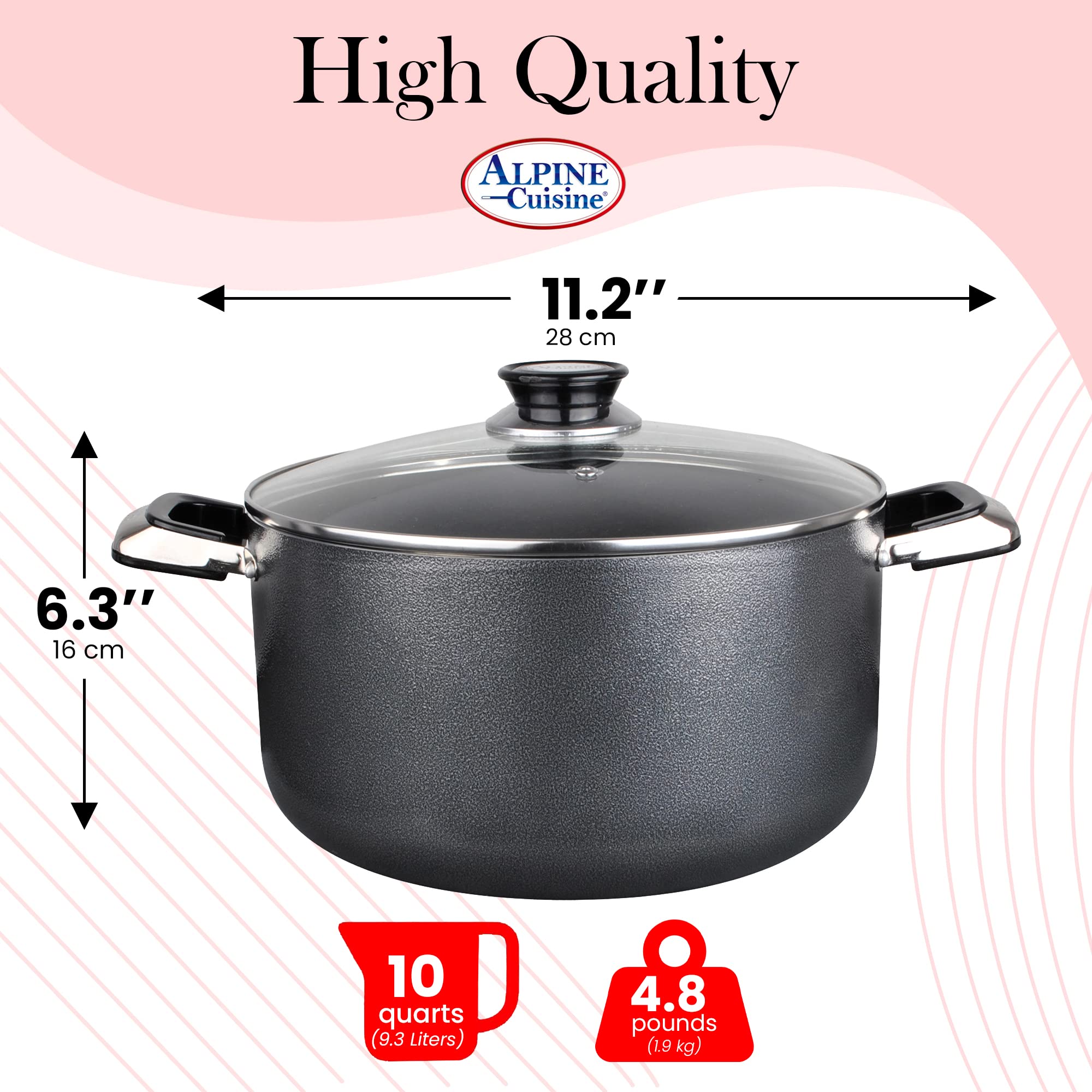 Alpine Cuisine 10 Quart Non-stick Stock Pot with Tempered Glass Lid and Carrying Handles, Multi-Purpose Cookware Aluminum Dutch Oven for Braising, Boiling, Stewing