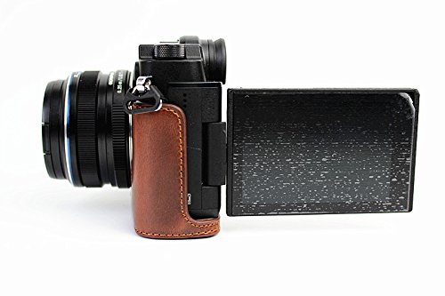 Bottom Opening Version Protective PU Leather Half Camera Case Bag Cover with Tripod Design for Olympus Pen-F Camera with PU Leather Hand Strap Dark Brown