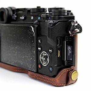 Bottom Opening Version Protective PU Leather Half Camera Case Bag Cover with Tripod Design for Olympus Pen-F Camera with PU Leather Hand Strap Dark Brown