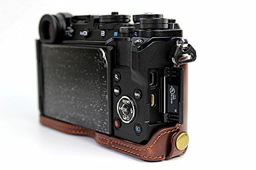 Bottom Opening Version Protective PU Leather Half Camera Case Bag Cover with Tripod Design for Olympus Pen-F Camera with PU Leather Hand Strap Dark Brown