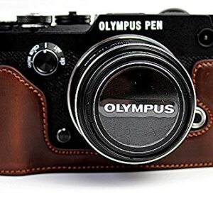 Bottom Opening Version Protective PU Leather Half Camera Case Bag Cover with Tripod Design for Olympus Pen-F Camera with PU Leather Hand Strap Dark Brown