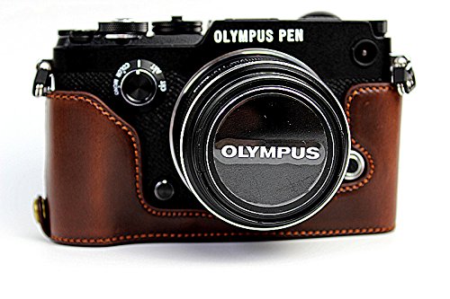 Bottom Opening Version Protective PU Leather Half Camera Case Bag Cover with Tripod Design for Olympus Pen-F Camera with PU Leather Hand Strap Dark Brown