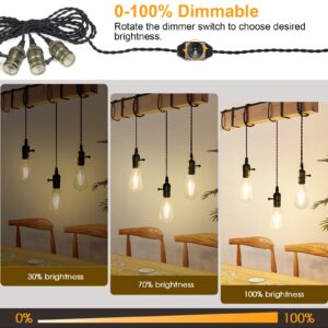 Vintage Pendant Light Kit Cord with Dimming Switch and Triple E26/E27 Industrial Light Socket Lamp Holder 25FT Twisted Black Cloth Bulb Cord Plug in Hanging Light Fixture