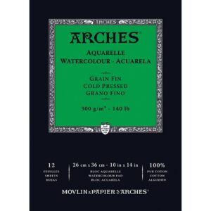 Arches Watercolor Pad 9x12-inch Natural White 100% Cotton Paper - 12 Sheet Arches Watercolor Paper 140 lb Cold Press Pad - Arches Art Paper for Watercolor Gouache Ink Acrylic and More