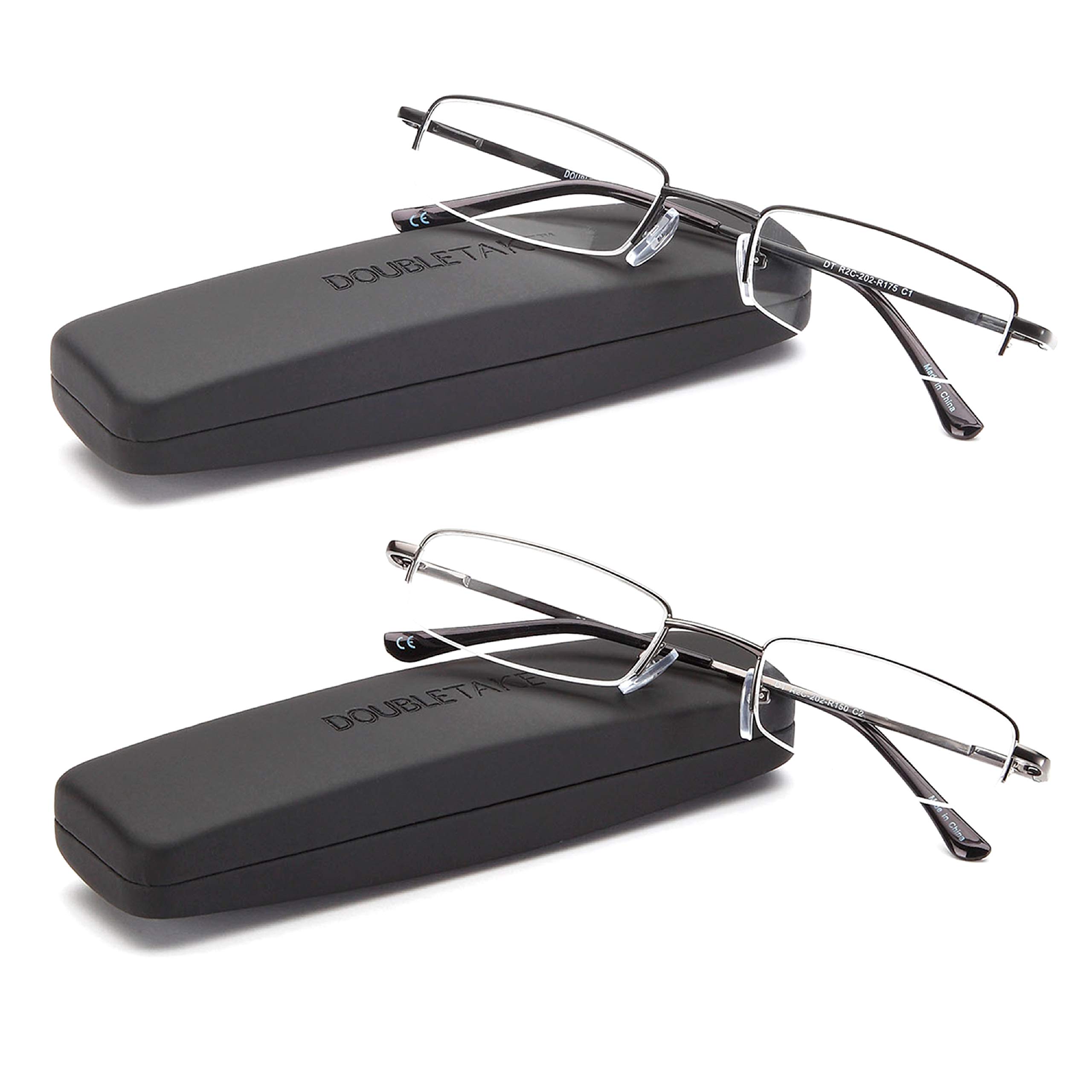 DOUBLETAKE Reading Glasses - 2 Pairs Compact Case Semi Rimless Readers